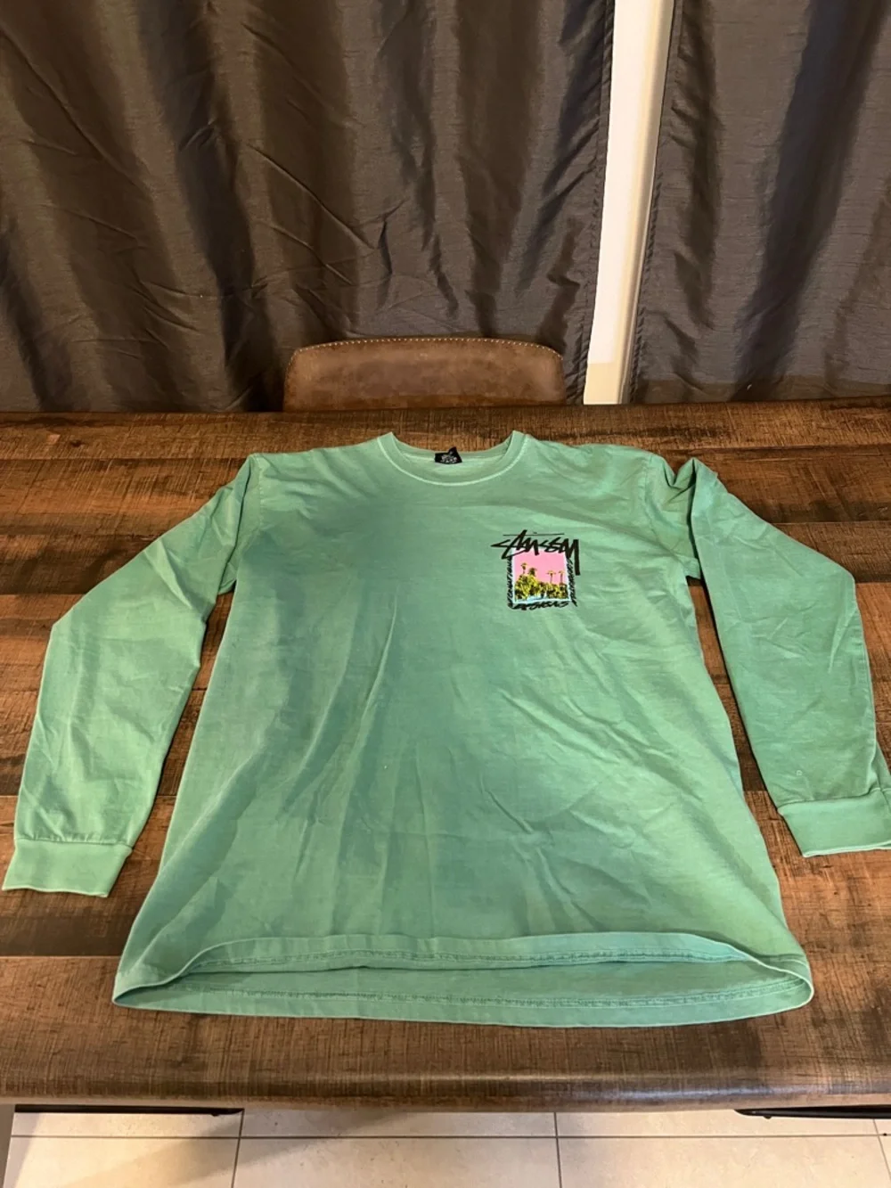 Stussy Seafoam Green Long Sleeve Tee with Pink & Yellow Chest Graphic - Picture 4 of 4
